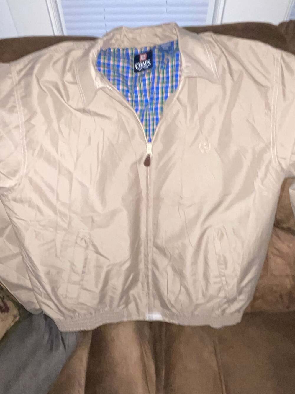 Chaps Beige Microfiber Harrington Jacket with Plaid Lining
